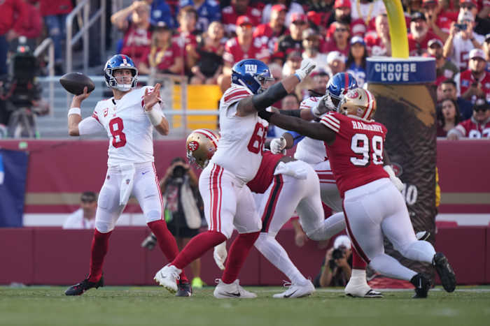 September 21, 2023; Santa Clara, California, USA; New York Giants quarterback Daniel Jones (8) passes the football against the San Francisco 49ers during the first quarter at Levi's Stadium.